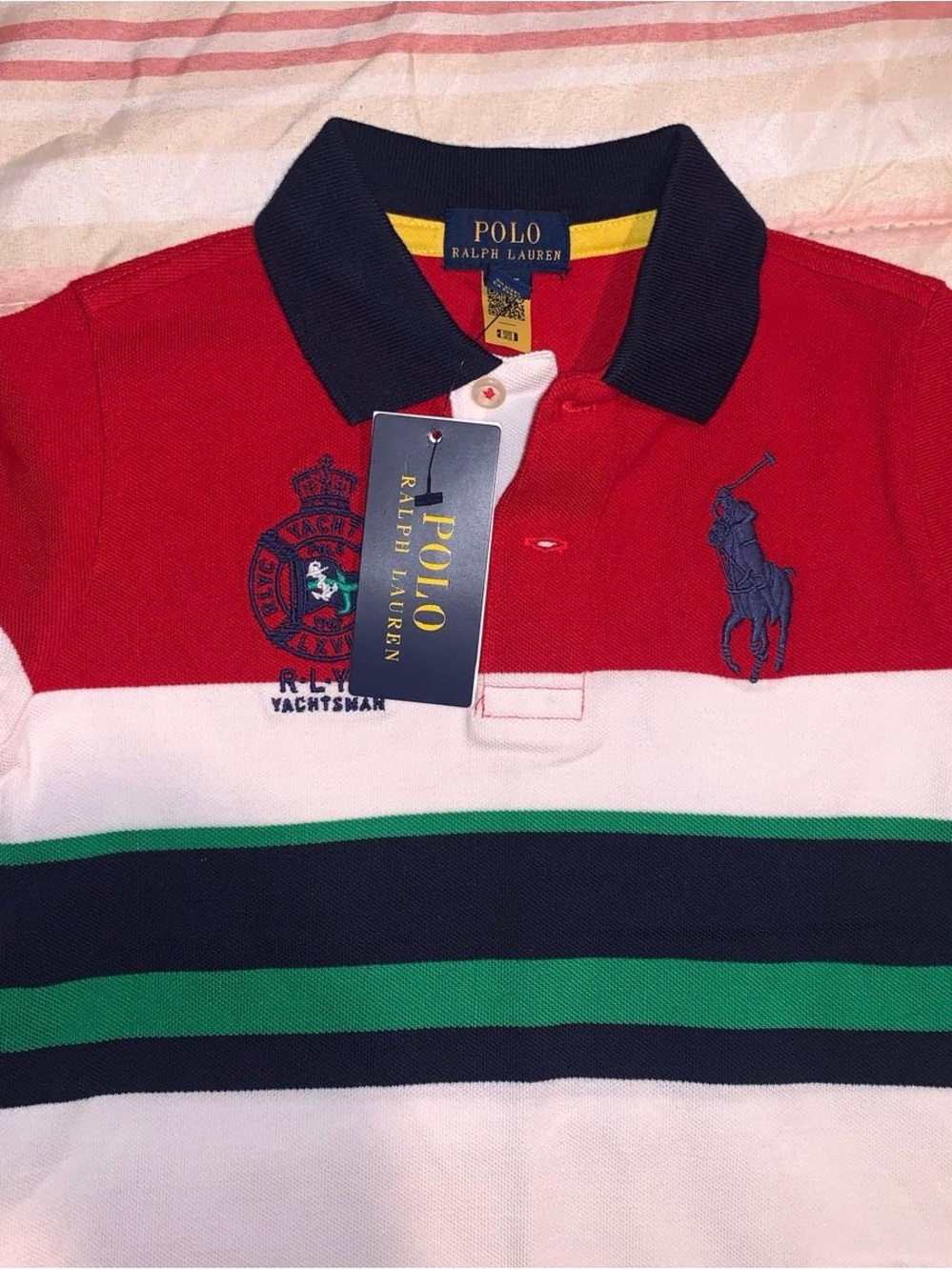 Polo by Ralph Lauren Red, White, Navy & Green Striped Kids Rugby Polo